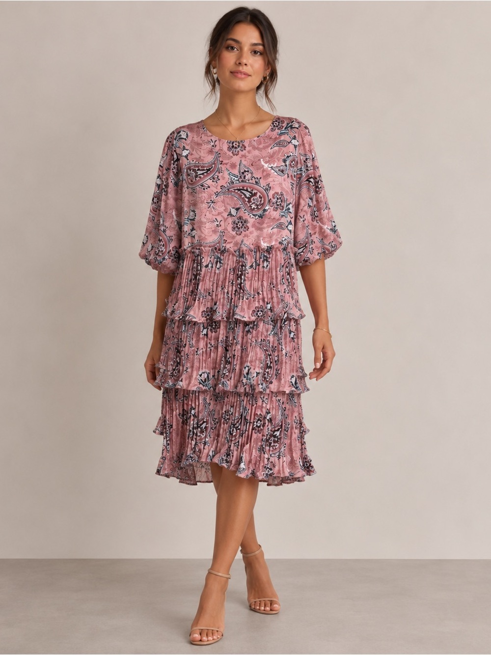 Anthropologie Pink Paisley Tiered Midi Dress